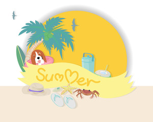 Fototapeta na wymiar Summer time banner with typographic on ribbon and beach elements.