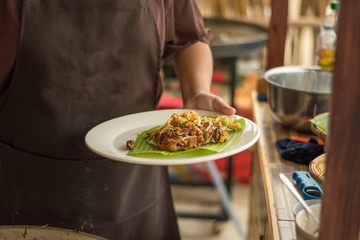 Thai street fast food , Cooking Pad Thai noodle cook with egg and bean sprouts