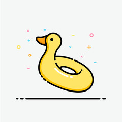 Duck rubber ring icon in filled outline style for decorated in summer poster and social media banner. Yellow duck swim ring vector.
