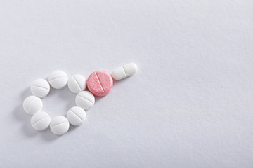 Medicine tablets on white background , Pharmacy theme