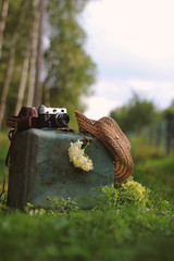 Old camera, suitcase and hat on green grass