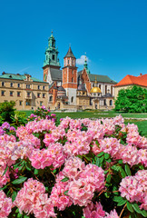 Wawel Castle and flowers in Krakow, Poland.