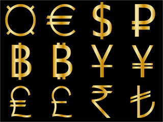 Currency symbol icons set isolated on white background. Collection of currency symbols - currency, euro, dollar,  ruble, Thai bat, bitcoin,  yuan, Japanese yen, pound,  rupee, turkish lira.