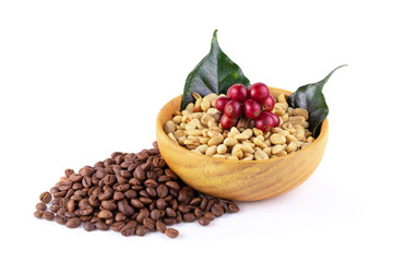 Fresh Coffee Red Berry branch ,Coffee beans and Roasted coffee beans isolated on white background