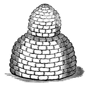 recommend clip art: Vintage Vector Drawing or Engraving of Antique Old Style Bee Hive or Beehive Made From Straw
