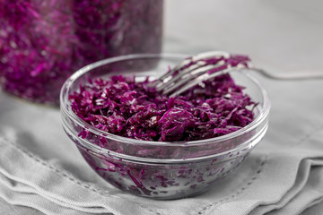 Purple naturally cured fermented sauerkraut in bowl