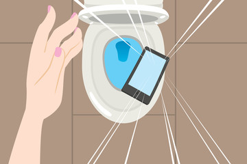 Close up illustration of hand dropping smartphone on toilet