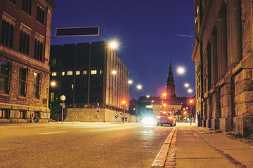 Street in the city center at night. Copenhagen, Denmark
