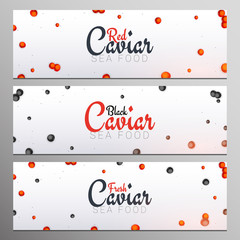 Naklejka na ściany i meble Set of Red and Black Caviar banners. Delicious seafood backgrounds. Caviar vector illustration. Natural and healthy luxury food. Design for fish menu. Vector Illustration.
