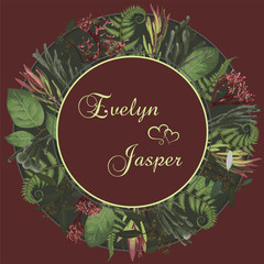 Plants, leaves, branches, brunia, blooming eucalyptus, leucadendron, gaultheria, salal, jatropha vector design frame.Wedding, watercolor seasonal flower card.Floral round composition.Editable