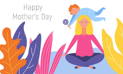 Mother's day cute illustration. Mother and son. Mother is meditating in a lotus pose with a cute naughty baby on her head. Beautiful mother's day, great design for any purposes. Vector illustration