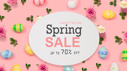 Spring sale message with Easter eggs on a pink background