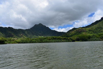 Mountains along the Pacific Ocean. Dense jungle growing around and up the steep slopes under a beautiful blue sky