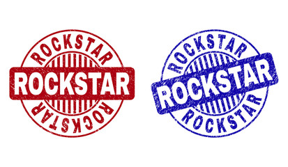 Grunge ROCKSTAR round stamp seals isolated on a white background. Round seals with grunge texture in red and blue colors. Vector rubber overlay of ROCKSTAR tag inside circle form with stripes.