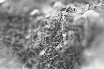 Black and white photo, texture from natural crystal. Macro. Abstract background