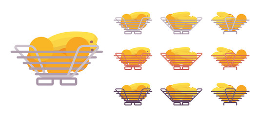 Fruit bowl set. Decorative metal frame basket, full dessert plate for kitchen or dining room decor. Vector flat style cartoon illustration isolated on white background, different views and colors