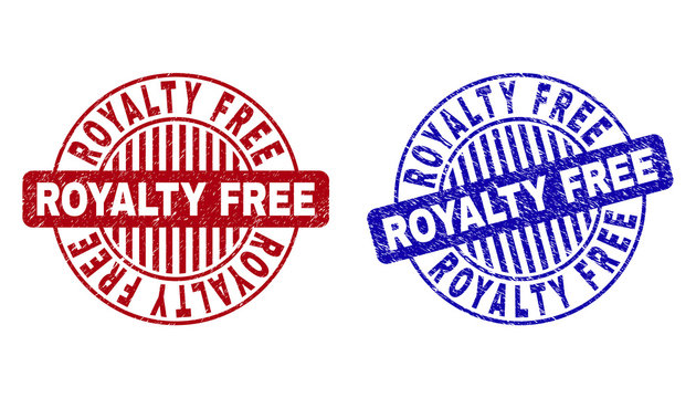 Grunge ROYALTY FREE round stamp seals isolated on a white background. Round seals with grunge texture in red and blue colors.