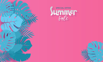 Fototapeta na wymiar Horizontal summer sale banner with paper cut tropical leaves on pink background. Exotic floral design for banner, invitation, , web, greeting card with place for text. Papercut vector illustration