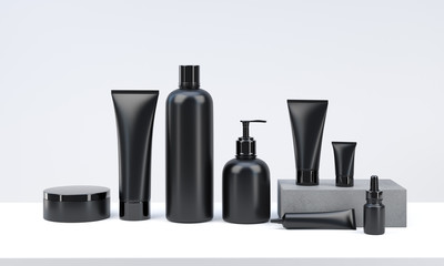 3d render mockup of men's cosmetic bundle for skin hair care. Black plastic bottles and tubes with black caps in row on white backdrop. Branding identity template.