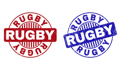 Grunge RUGBY round stamp seals isolated on a white background. Round seals with grunge texture in red and blue colors. Vector rubber imitation of RUGBY title inside circle form with stripes.