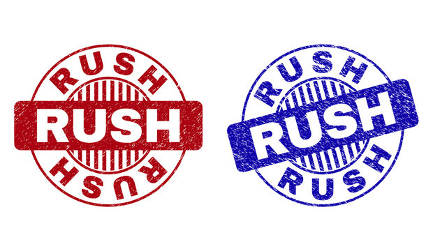 Grunge RUSH Round Stamp Seals Isolated On A White Background. Round Seals With Grunge Texture In Red And Blue Colors. Vector Rubber Imitation Of RUSH Caption Inside Circle Form With Stripes.