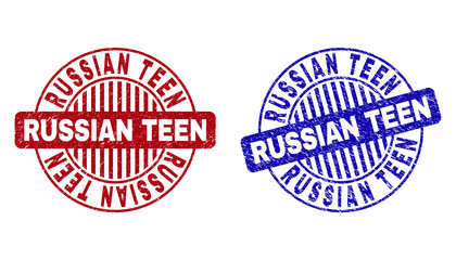 Grunge RUSSIAN TEEN round stamp seals isolated on a white background. Round seals with grunge texture in red and blue colors. Vector rubber overlay of RUSSIAN TEEN tag inside circle form with stripes.