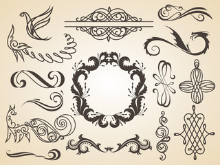 Vector set of calligraphic design elements page decoration, Satisfaction Guarantee Label, calligraphic frames.