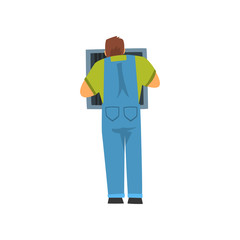 Professional Electrician Repairing Equipment in Fuse Box, Electric Man Character in Blue Overalls, Back View Vector Illustration