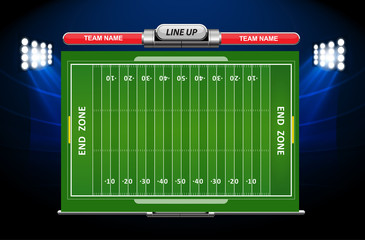Vector of American football infographic elements on green field background.