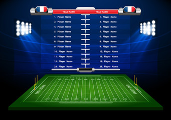 Vector of American football infographic elements on green field background.