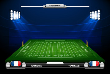 Vector of American football infographic elements on green field background.