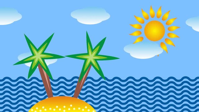Cartoon seascape with an island, palm tree, sun and clouds. Running waves, flying clouds. Video clip.