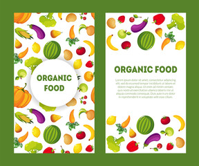 Organic Food Banners Set with Place for Text, Farm Fresh Colorful Vegetables Vector Illustration
