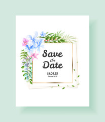 Wedding Invitation card, save the date, thank you, rsvp template. Vector watercolor flowers, lily, Ivy plants.