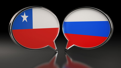 Chile and Russian Federation flags with Speech Bubbles. 3D Illustration