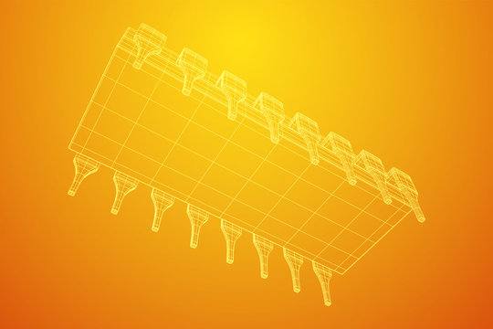 Microchip quantum processor, micro-processor with board electronic CPU wireframe low poly mesh vector illustration