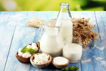 milk products. tasty healthy dairy products on a table. sour cream in a white bowl, cottage cheese bowl, cream in a a bank and milk jar, glass bottle and in a glass
