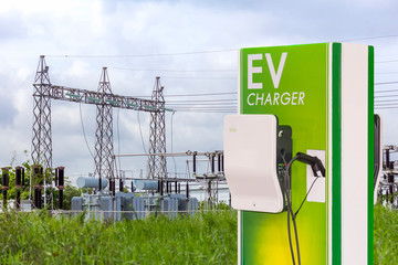 electric vehicle charging (Ev) station and plug of power cable supply for Ev car on high voltage...