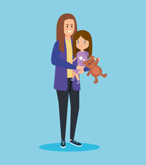 happy woman with cute daughter and teddy