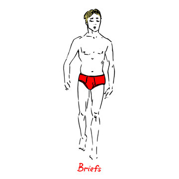 Portrait of sexy guy in briefs type of swimsuit with inscription, hand drawn outline doodle, sketch vector illustration