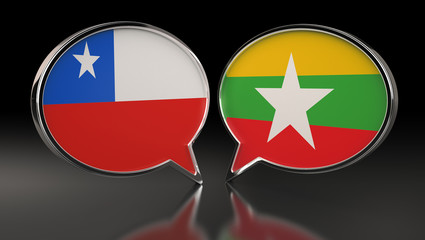 Chile and Myanmar flags with Speech Bubbles. 3D Illustration