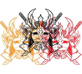 Samurai mask, an old Japanese mask. Two swords, metal brushes. Freehand drawing in vintage style.