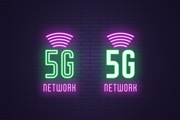 Neon sign set of 5G network mobile technology