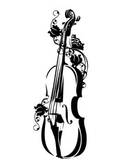 violin with rose flowers and butterfly - classical music instrument and floral nature black and white vector outline design © Cattallina