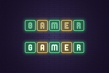 Neon composition of text Gamer. Vector headline