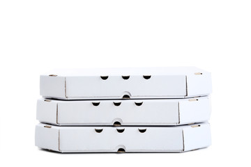 Stack of pizza boxes isolated on white background