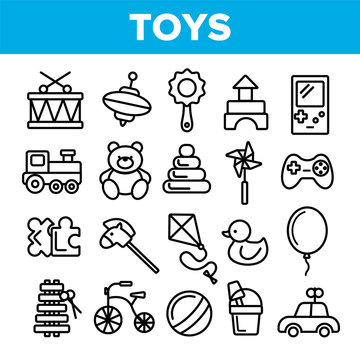 Children Toys Linear Vector Icons Set. Toys Thin Line Contour Symbols Pack. Kids Entertainment Pictograms Collection. Baubles, Playthings. Plush Teddy Bear, Car, Ball, Puzzle Outline Illustrations