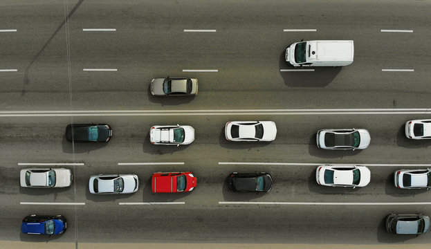 City traffic on a highway, top view, aerial