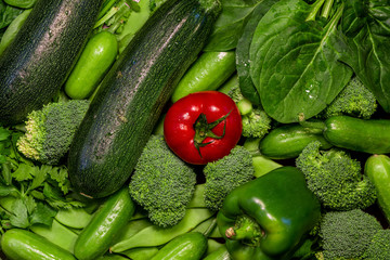 Fresh green vegetables: cucumber, spinach, broccoli, zucchini, parsley, bell pepper (paprika), green beans and red tomato. Green and red, healthy food concept. 