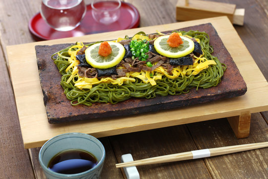 Kawara Soba, Japanese Local Food,  Fried Green Tea Buckwheat Noodles On Roof Tile